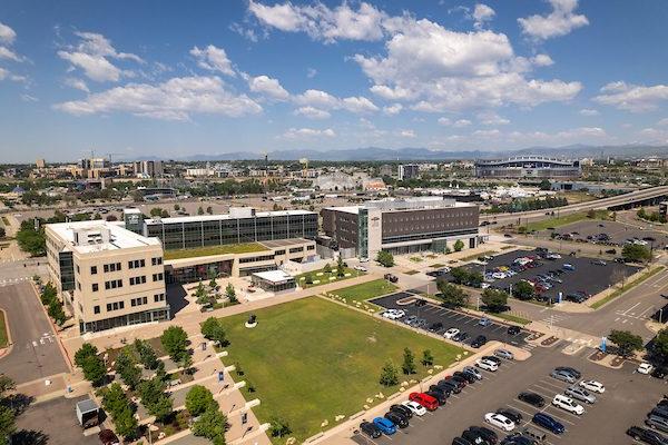 Aerial of auraria campus overlooking the Jordan Student Success Building and Aerospace and Engineering Sciences Building